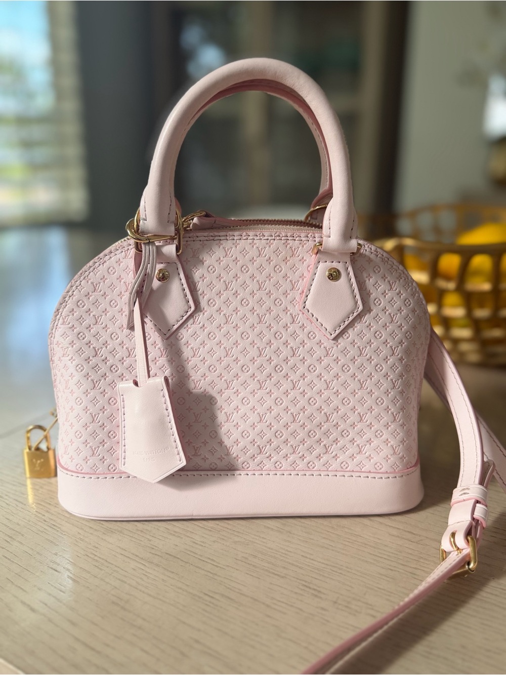 Louis Vuitton Pink Embossed Alma BB Satchel with Gold Hardware